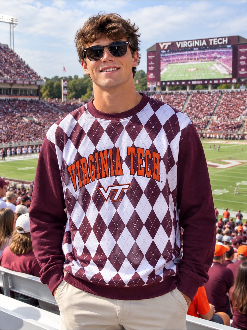 Virginia Tech Hokies Colosseum The Dealio Argyle Sweatshirt Mens L Maroon